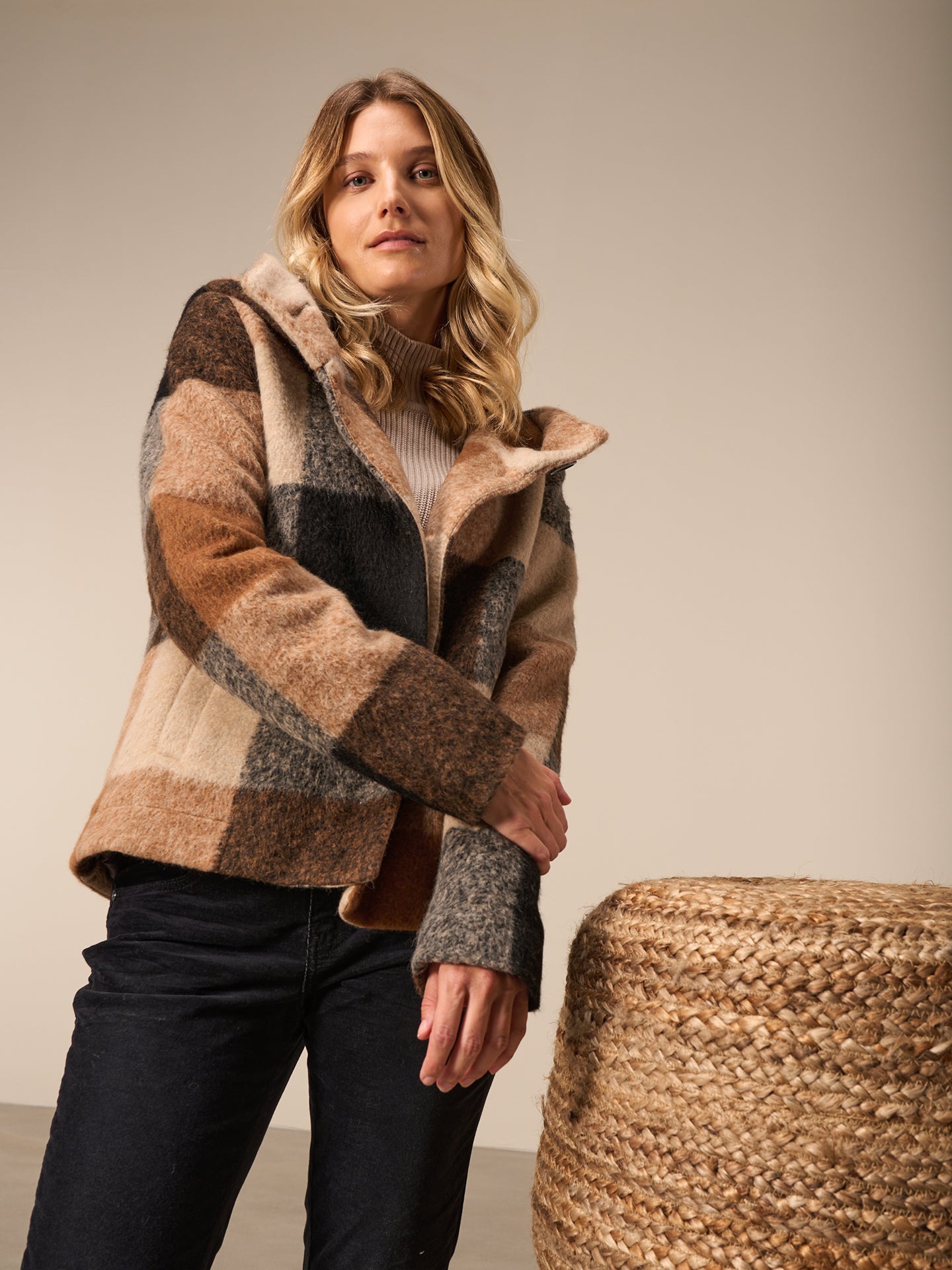 Coat with check pattern