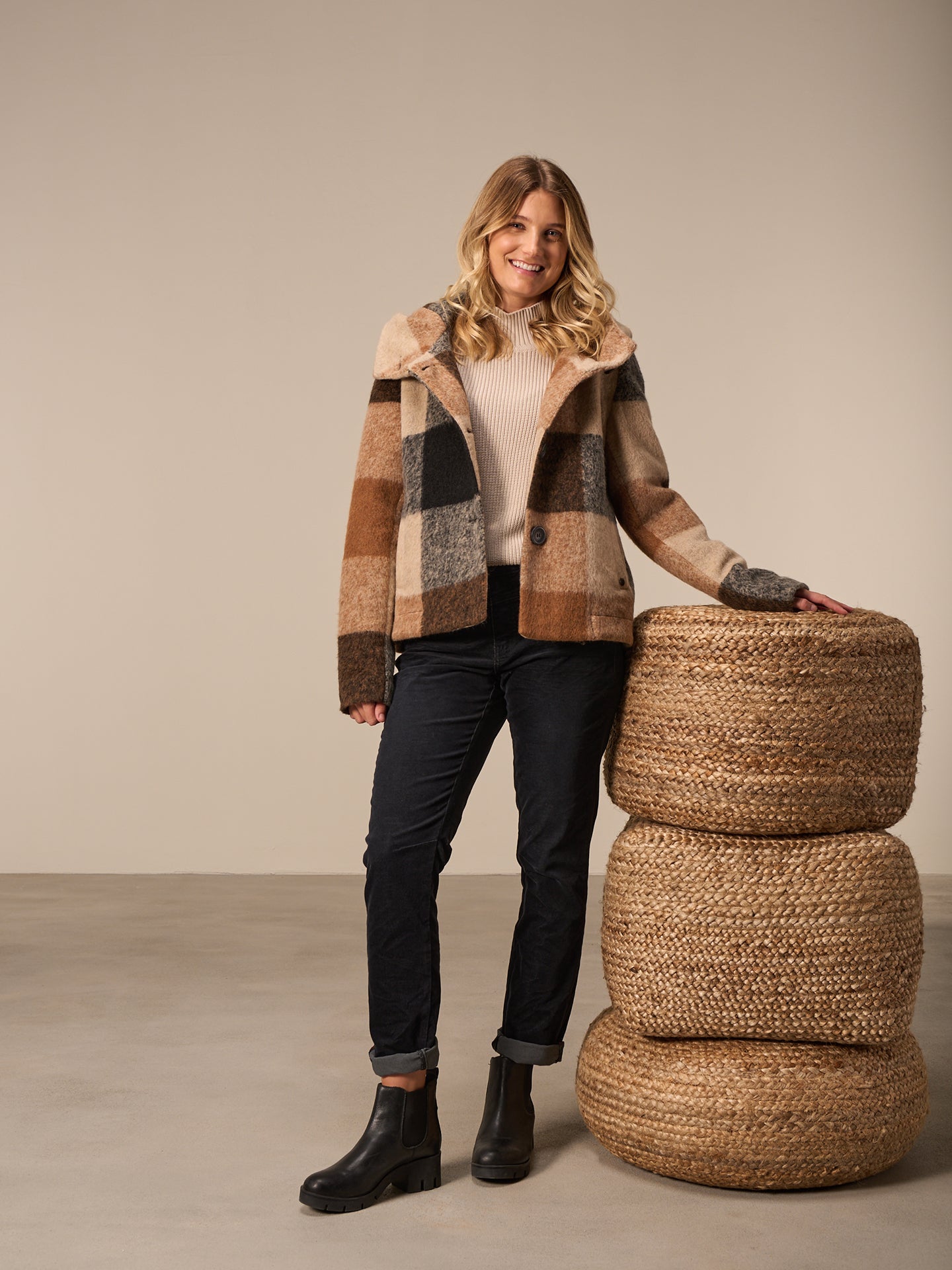 Coat with check pattern