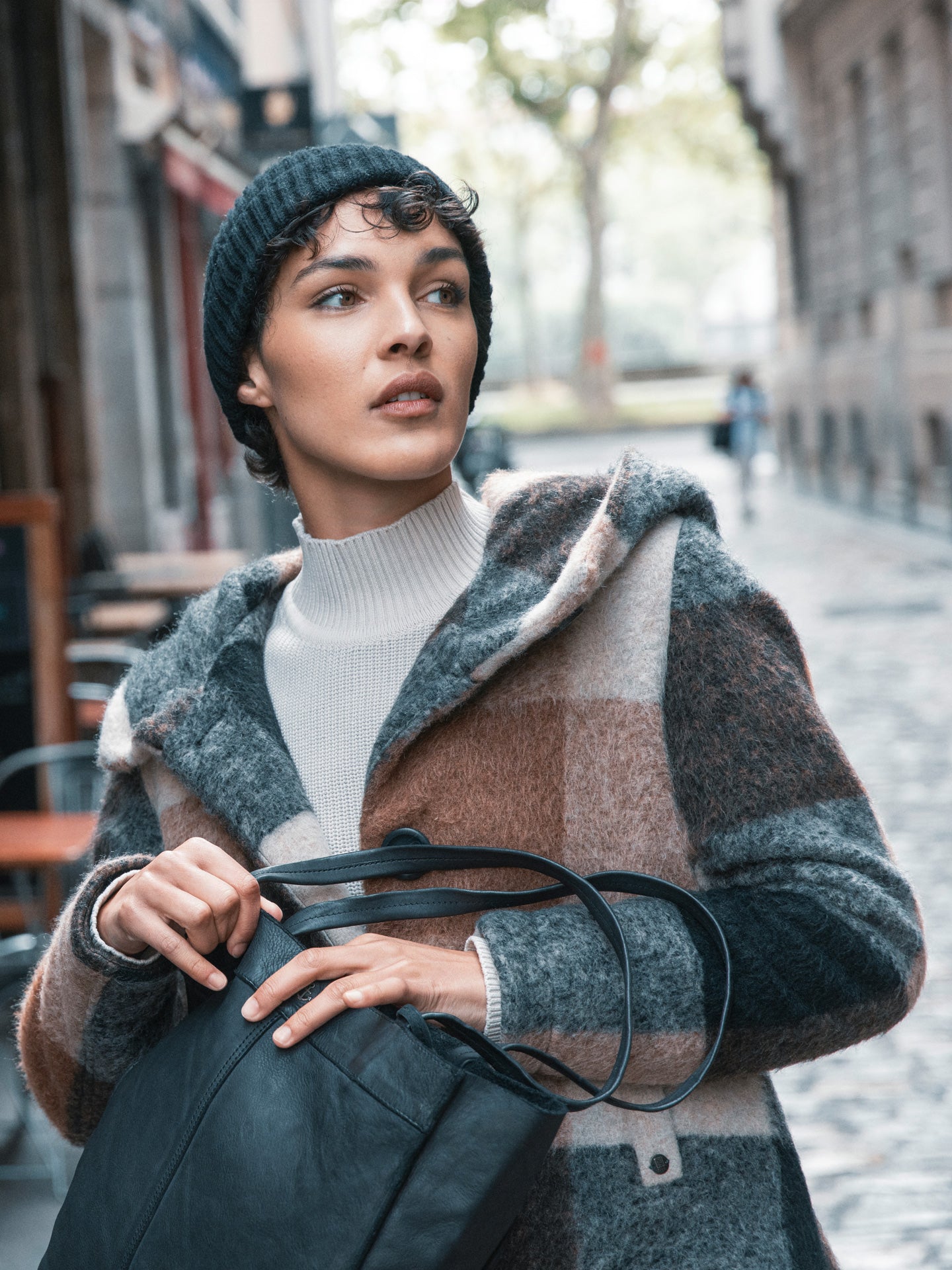 Coat with check pattern