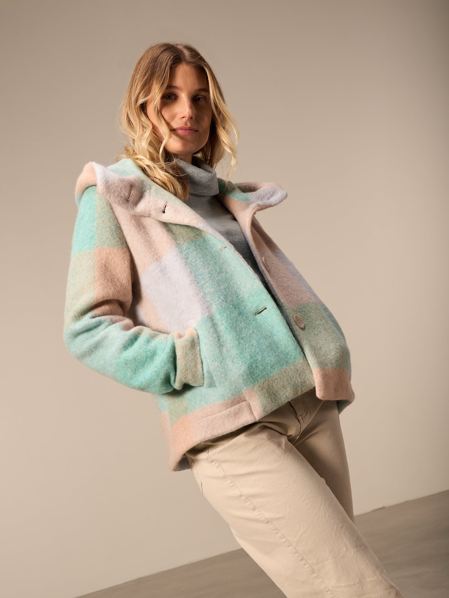 Coat with check pattern