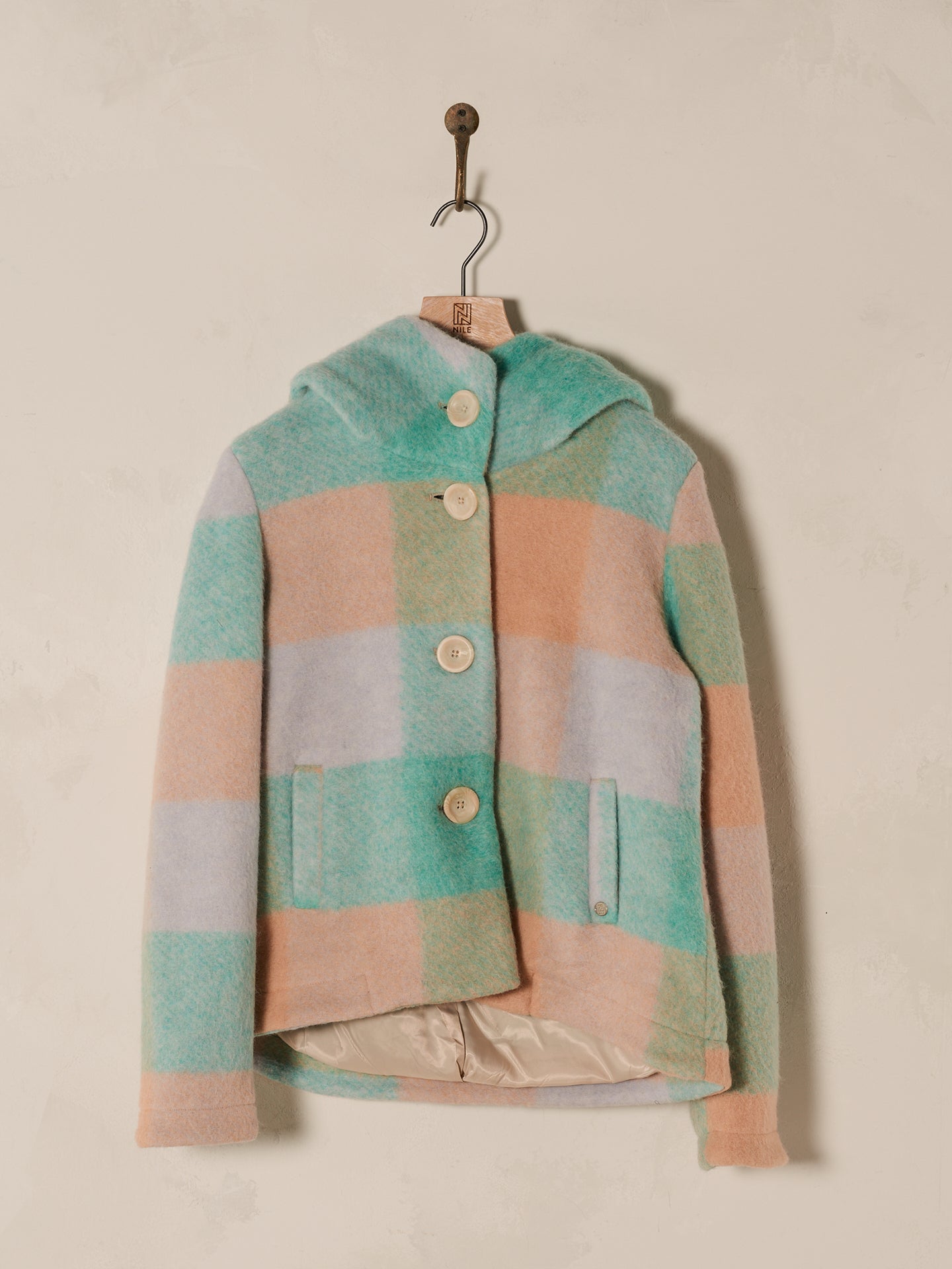 Coat with check pattern