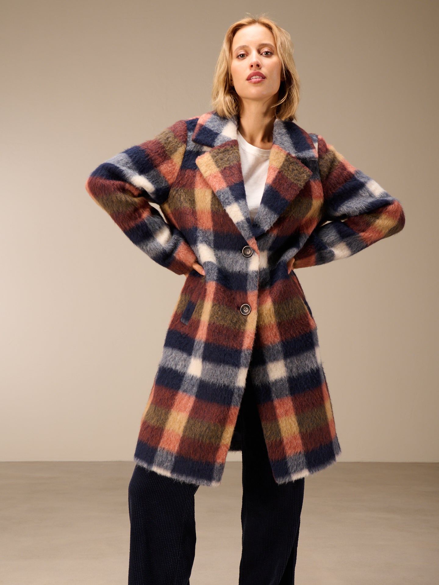 Coat with check pattern