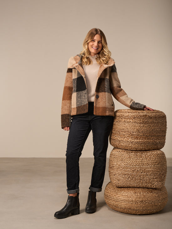 Coat with check pattern
