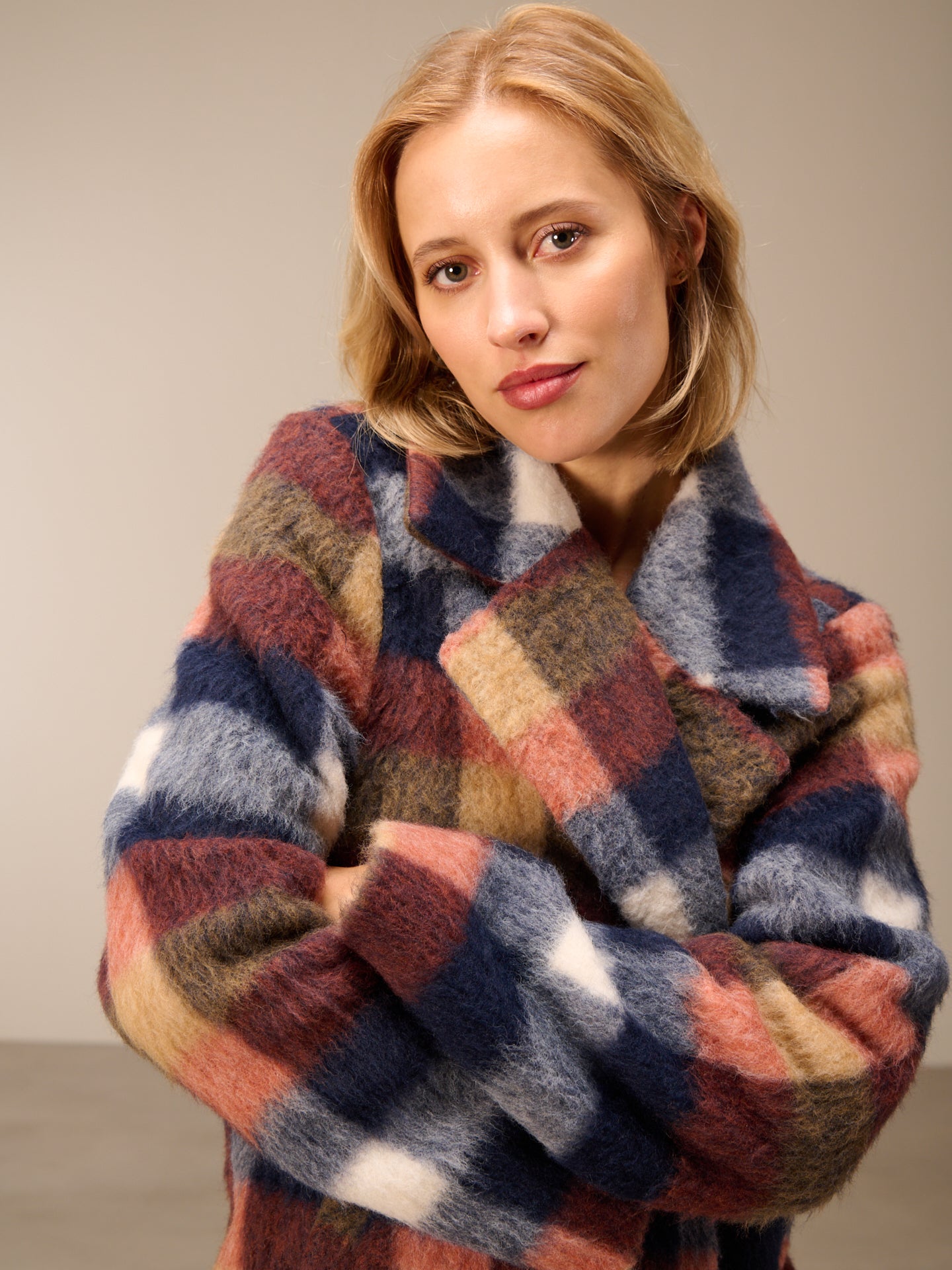Coat with check pattern