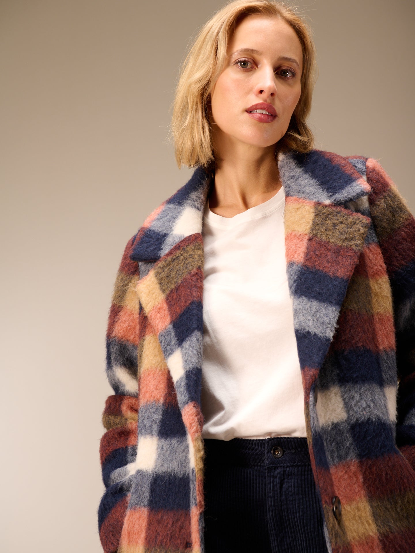 Coat with check pattern