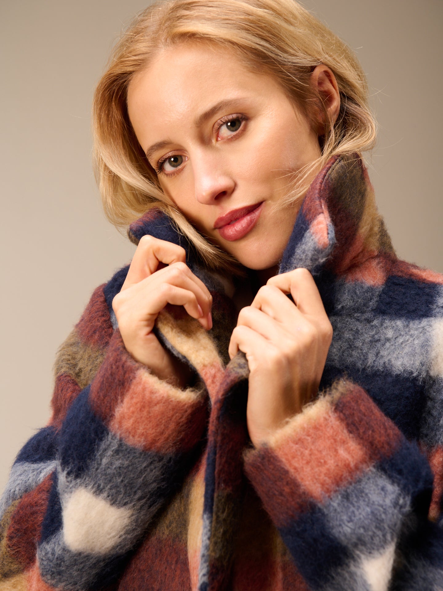 Coat with check pattern