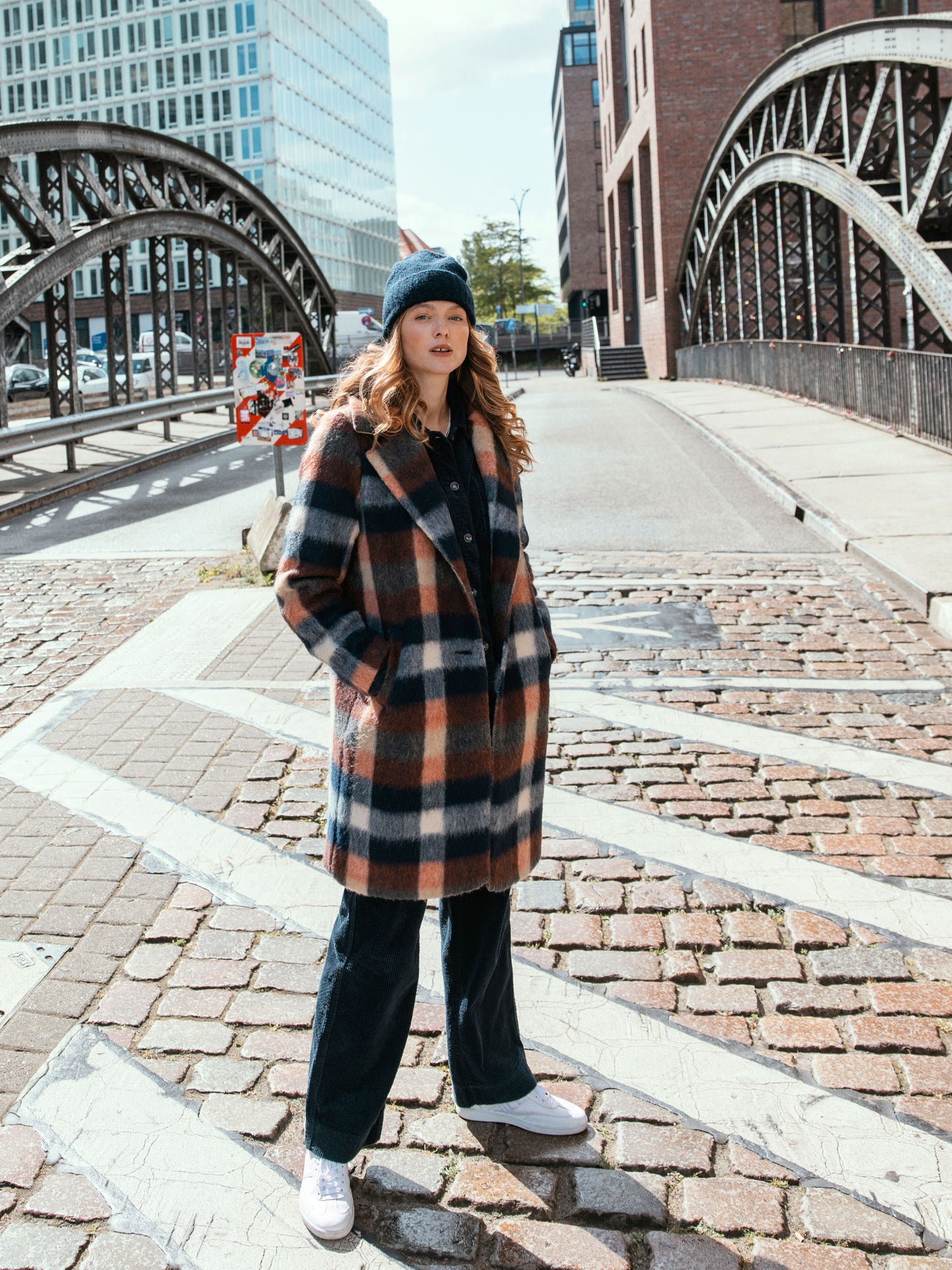 Coat with check pattern